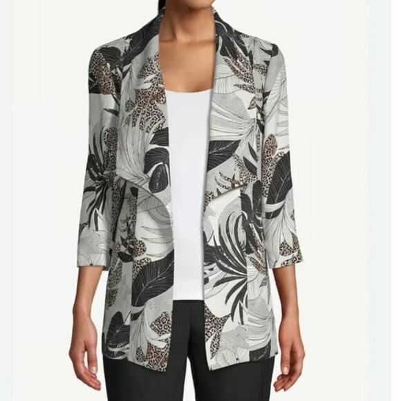 Chico's Jackets & Blazers - Chico's Draped Open Blazer Tropical Print Stretch Knit 3/4 Sleeve Womens 1 8/10